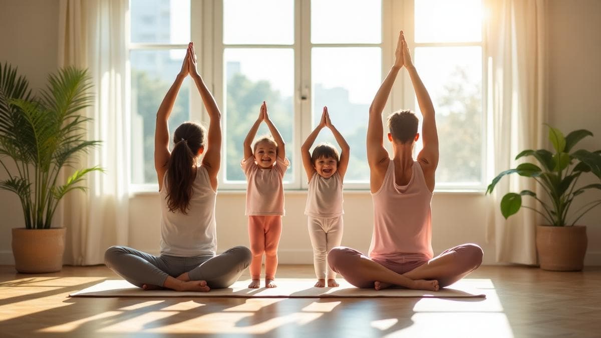 Indian family practicing yoga together in a modern living room, representing health and wellness